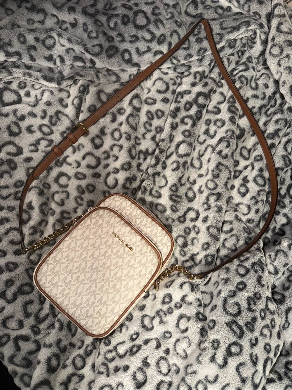 Michael Kors Cream Logo Crossbody with Brown Trim and Chain Accent